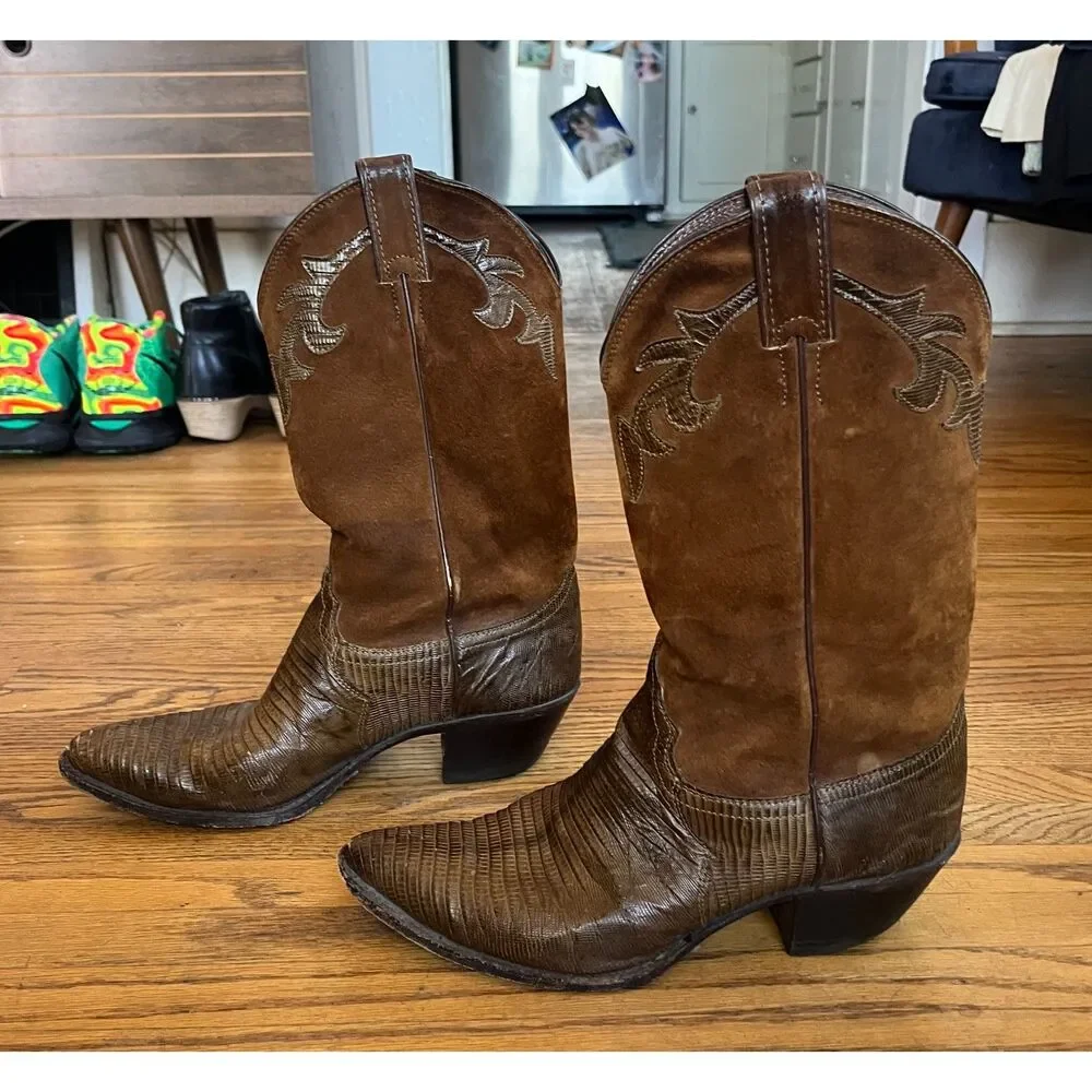 Justin Brown Teju Horned Lizard Leather Western Cowboy Boots Shoes   Mens Size 9